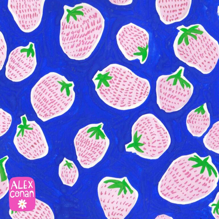 Repeat pattern of pink strawberries on a bright blue background